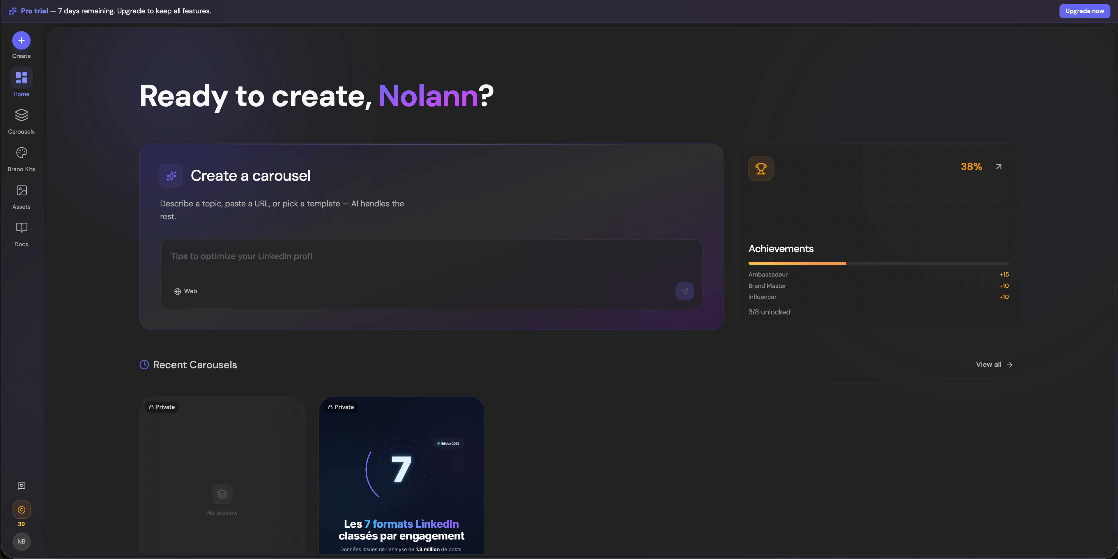 Carousels Generator interface — AI carousel generation from a single prompt