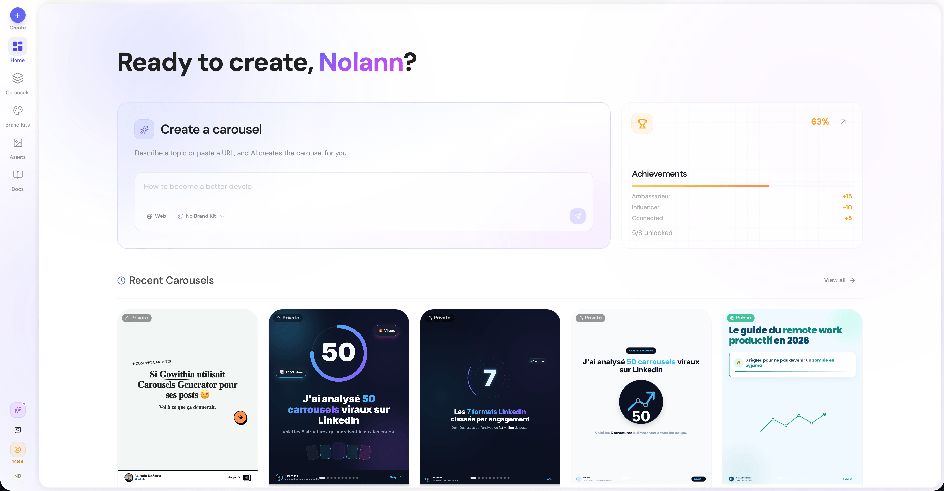 Carousels Generator dashboard — click New Carousel to start