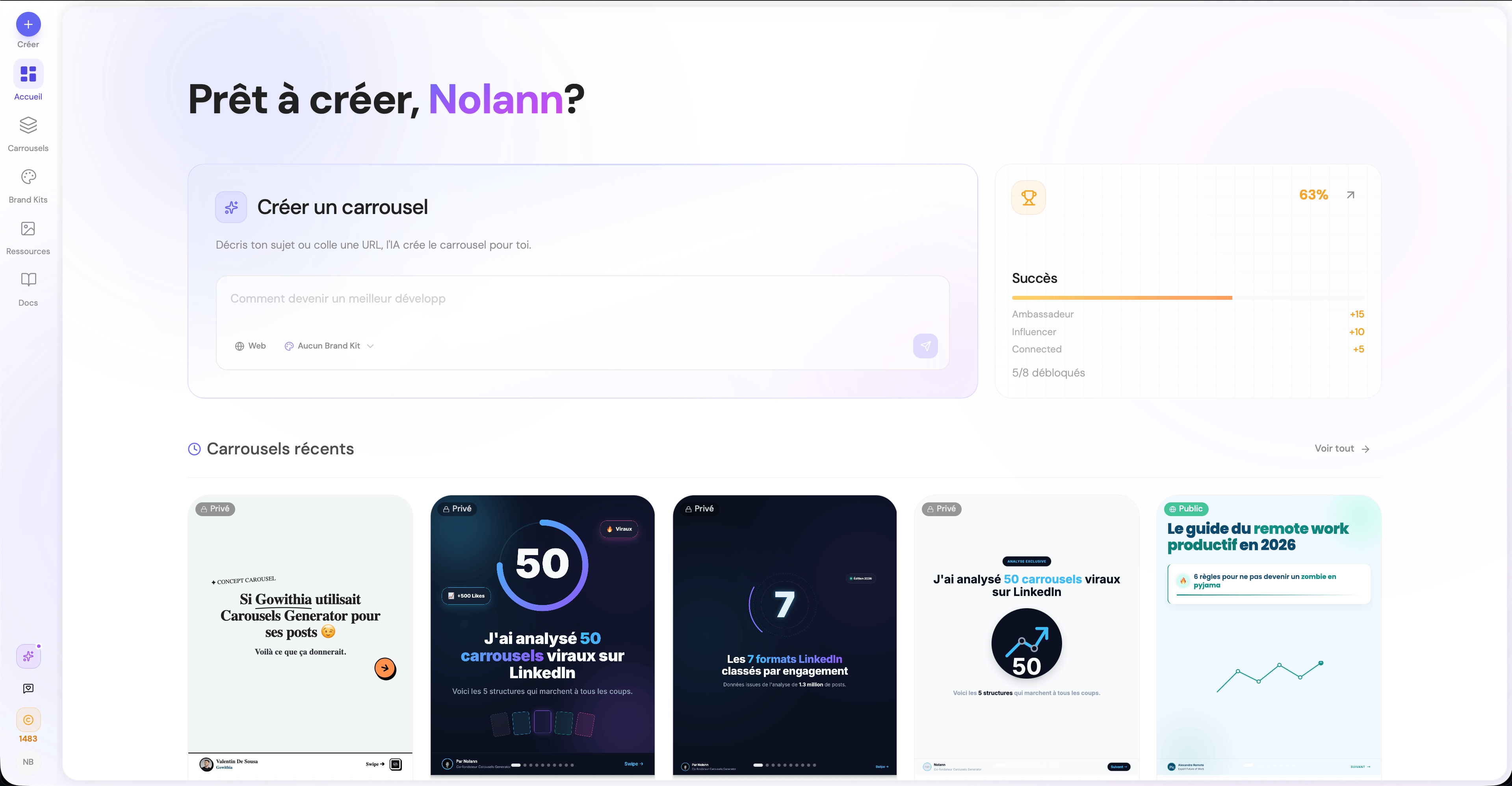 Tableau de bord Carousels Generator — cliquez sur Nouveau Carrousel pour commencer