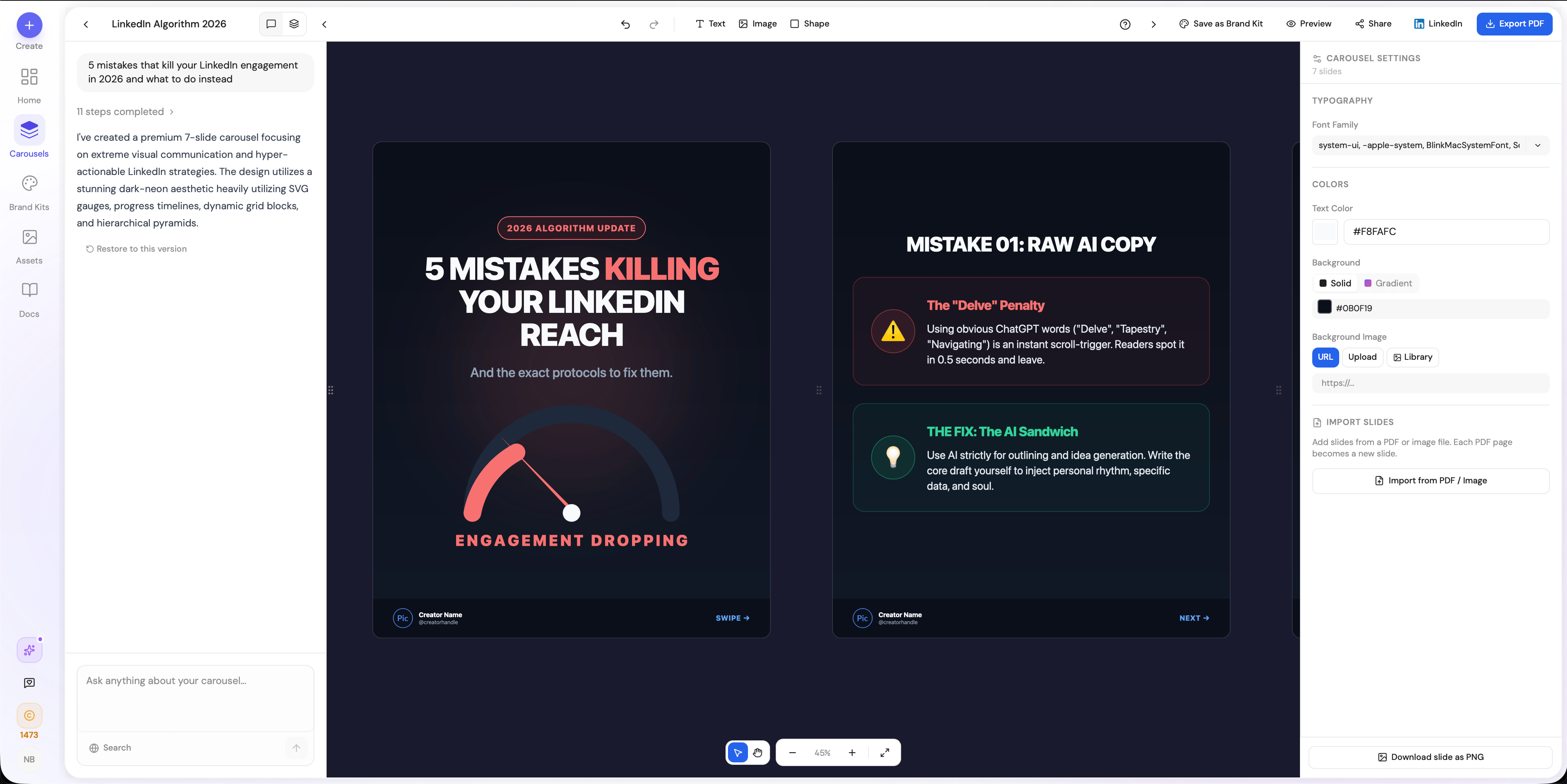 AI-generated carousel — complete text and design in 30 seconds