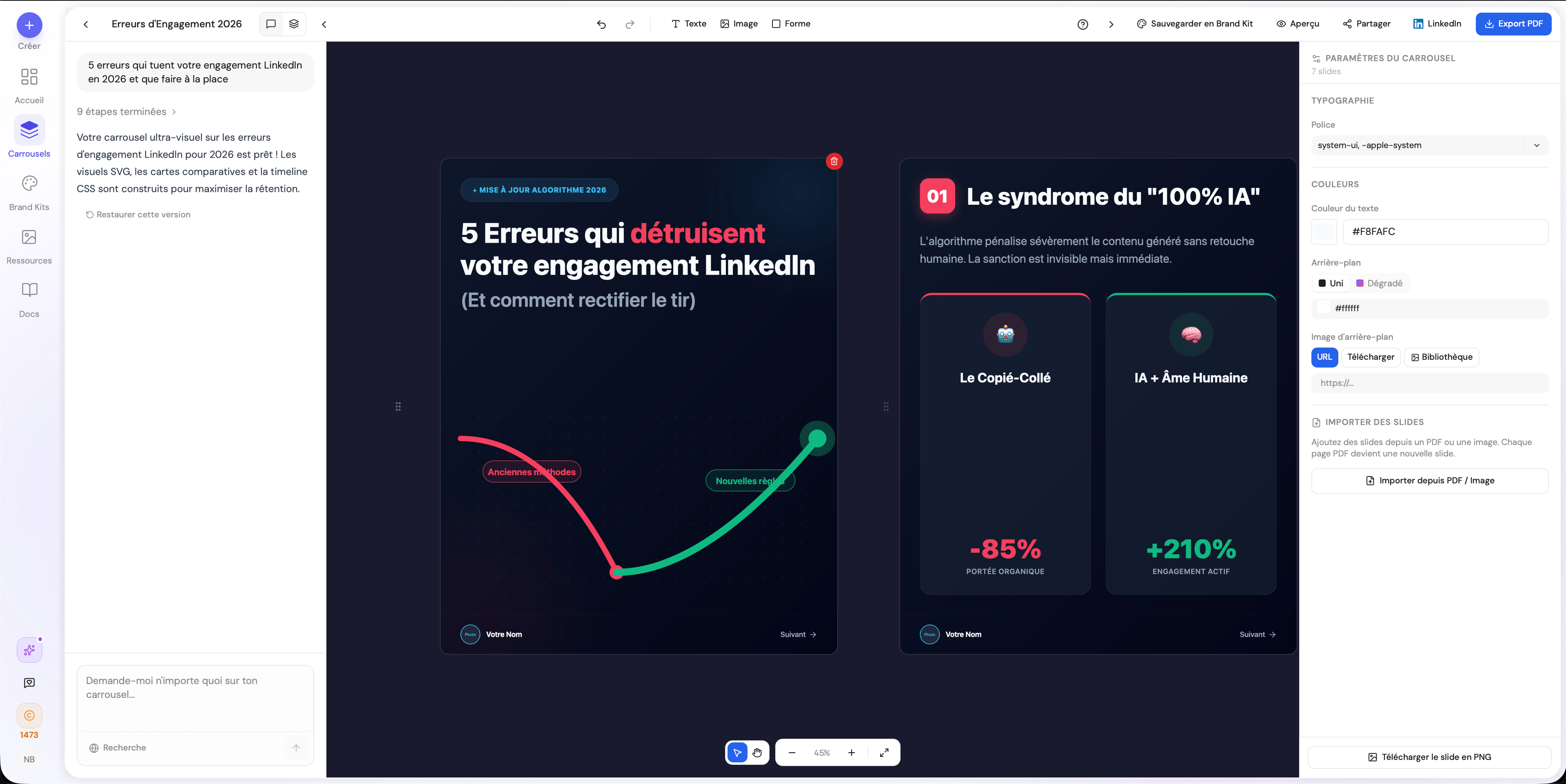 Carrousel généré par IA — texte et design complets en 30 secondes