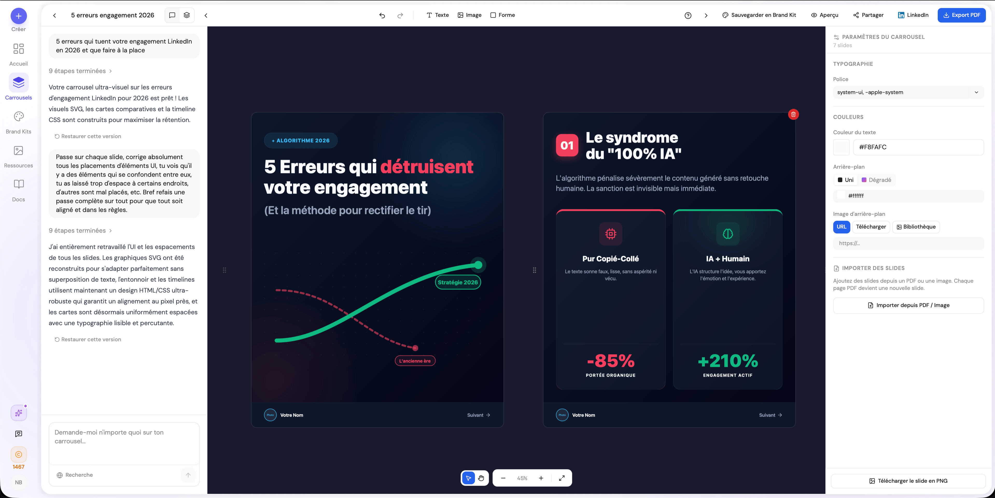Édition par chat IA — affinez votre carrousel en discutant